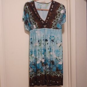 Maurices Brown and Blue V-Neck Flutter Sleeve Midi Dress